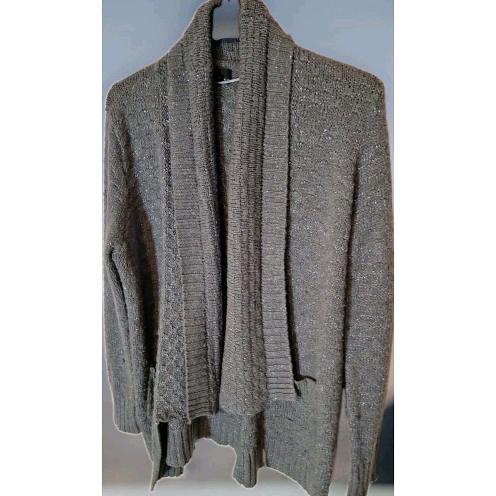 Women Attention Gray w/ Silver Thread Open Cardigan Closed Knit 2 Pockets  226